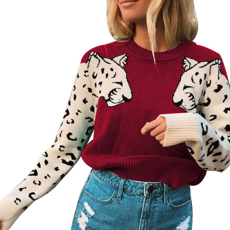 JUNBOON Womenâ€™s Casual Leopard Print Knitted Pullover Sweaters Long Sleeve Crew Neck Jumper Tops Red - Image 2